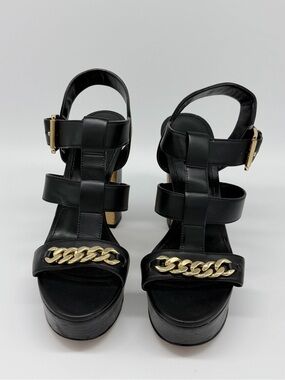 Black Platform Sandals with Gold Chain Accent